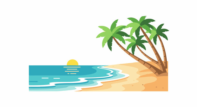 Sunny beach scene with gentle waves lapping a sandy shore and palm trees under a yellow sun