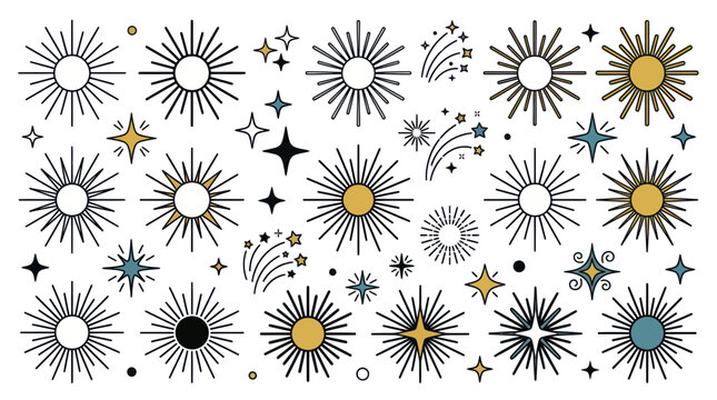 Bohemian Sunbursts and Stars Vector Set - Cosmic, Celestial, Retro Design Elements