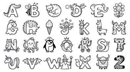 Hand-drawn Alphabet Letters with Cute Cartoon Animals and Objects © Ulfi