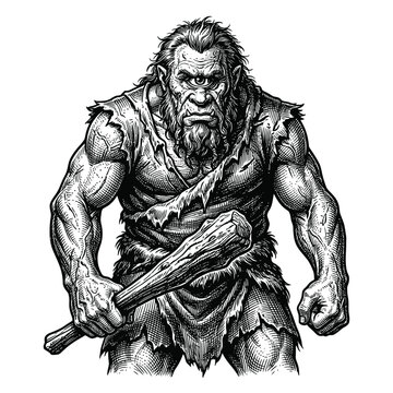 Engraving style illustration of a muscular cyclops holding a wooden club.