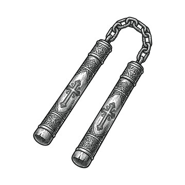 Engraved metal nunchaku weapon with ornate cross symbols and chain link.
