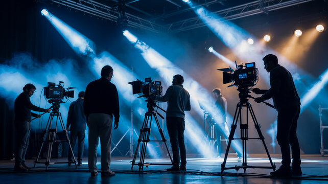 Film crew working with professional cameras on stage