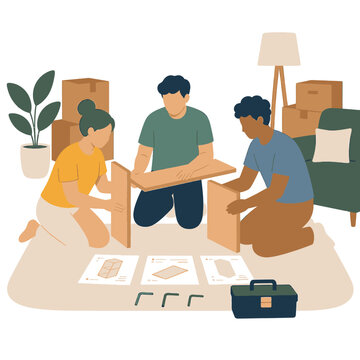Group of people assembling flat pack furniture together at home.