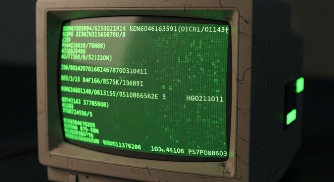 Vintage Retro CRT Monitor Displaying Green Computer Code and Data on S