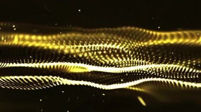 Glowing gold particles and gold particles wave animation background video. Abstract movement background, shining lights, energy waves and sparkling particles, capable of rotating.