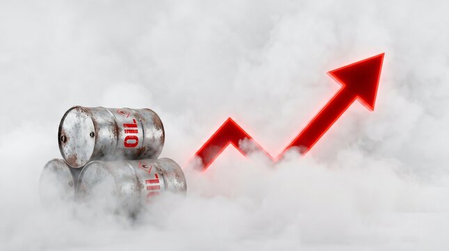Energy Logistics Gridlock and Crude Oil Overstocking Concept with Horizontal Stacked Barrels and Neon Red Arrow in White Smoke
