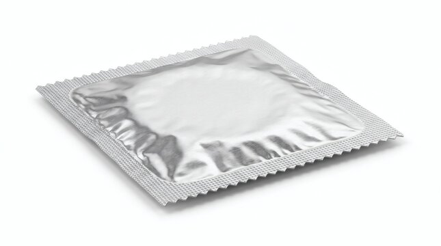 Silver foil condom wrapper packaging on white background
