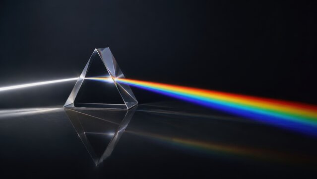 Glass triangular prism dispersing white light into a vivid rainbow spectrum on a dark reflective surface