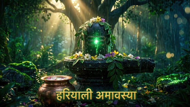 Hariyali Amavasya Shivling Worship &mdash; Sacred Monsoon Forest Scene
