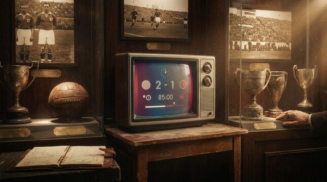 Vintage television displaying soccer score in trophy room with memorabilia