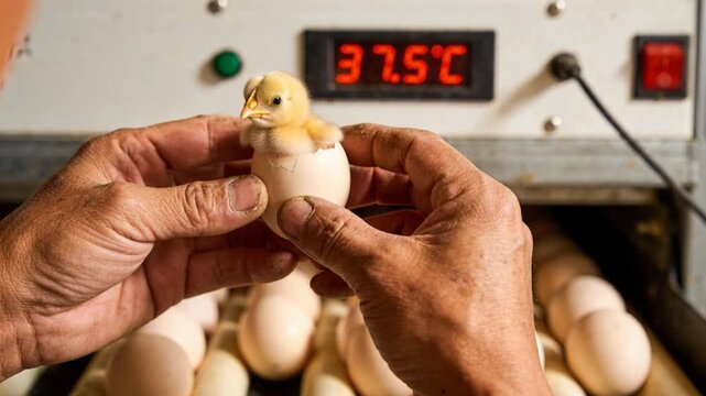 A close-up shot of a farmer helping a newborn chick hatch from an egg inside an incubator facility.