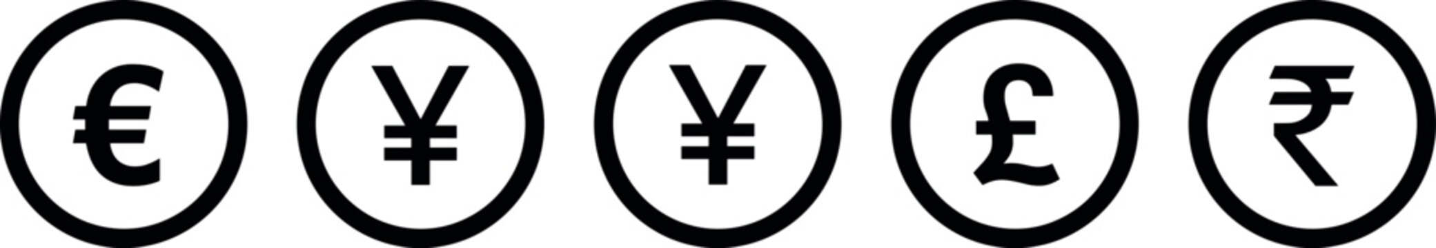 Five black currency symbols inside circles, euro, yen, pound, and rupee