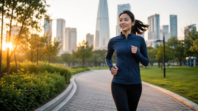 Woman jogging on an urban park path at sunrise with skyline backdrop, wearing athletic jacket and leggings, smiling and focused during an outdoor fitness run