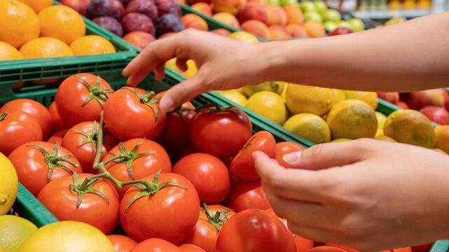 A close-up shot of a person selecting fresh, red, vine-ripened tomatoes at a grocery store market.