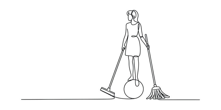 Woman standing on a ball holding a mop and a broom in a continuous one line drawing style Vector, illustration