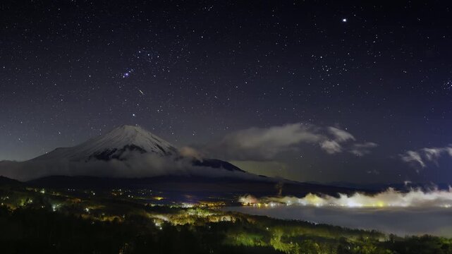 (HDR PQ)Time Lapse - Orion Setting Behind Snow-Capped Mount Fuji from Foggy Lake Yamanaka  Astrophotography Japan.  &ndash; Fixed Black Crush, Noise Reduced &ndash; 3/3 CloseUp -
