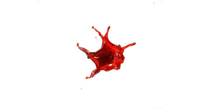 Ultra slow motion blood splash isolated on white background. Realistic liquid droplets ideal for VFX compositing, overlays, horror effects and cinematic action scenes.