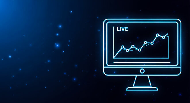 A futuristic depiction of a computer monitor displaying a live upward-trending stock graph against a cosmic background.