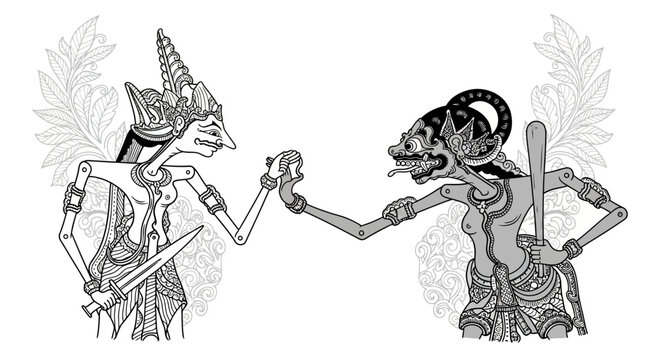 Traditional Indonesian Wayang Kulit Puppets Engaged in a Dramatic Scene.