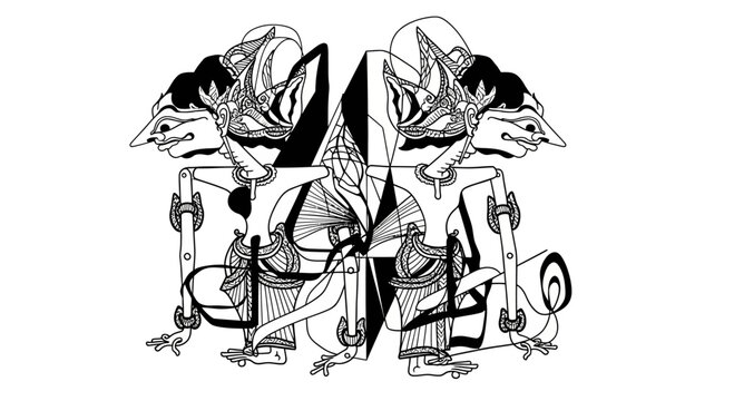 Traditional Indonesian Wayang Kulit Puppets Black and White Illustration.