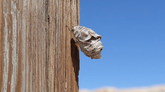 Empty Cicada Shell Clings Brittle to Weathered Wooden Post Against Blue Sky