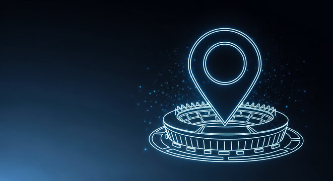 Illuminated 3D map pin on a high-tech stadium graphic, symbolizing location-based technology and smart infrastructure.