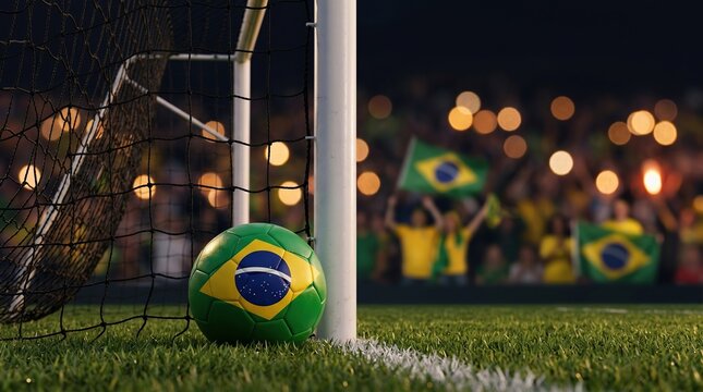 Soccer ball with brazil flag pattern on a green grass field next to the goal post during a match, sports stadium background.
