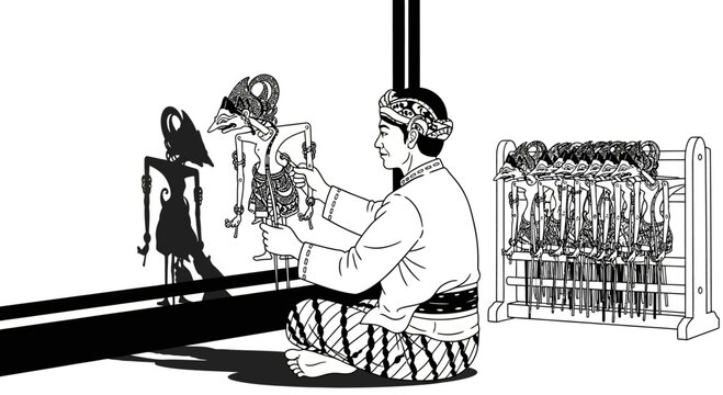 Dalang performing traditional Indonesian shadow puppet play Wayang Kulit.
