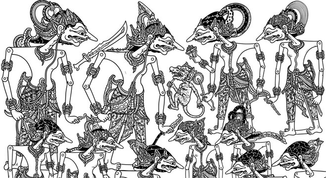 Traditional Javanese Wayang Kulit shadow puppets depicting mythical figures and scenes.