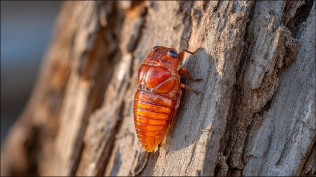 Orange cicada exuvia shell clinging to rough tree bark in macro detail