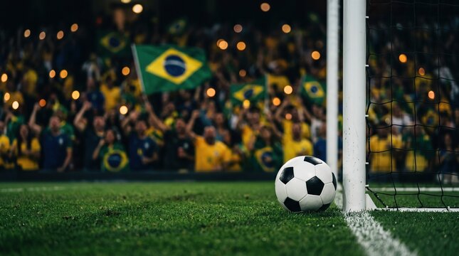 Soccer ball on grass near goal post net with blurred crowd holding Brazil flags in stadium at night, sports competition, football match, stadium atmosphere.