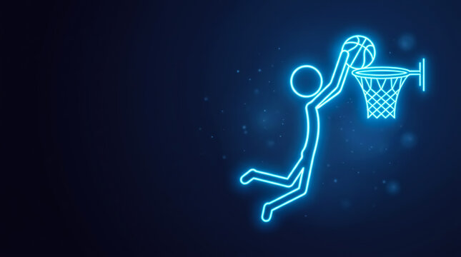 Animated stick figure successfully dunking a basketball through a hoop with a futuristic, glowing blue effect against a dark space background.