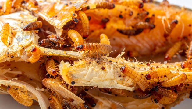 Decaying fish covered in wriggling maggots; grotesque closeup