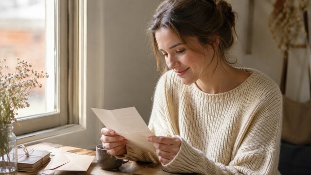 Woman in beige knit sweater reading a personal letter by a sunlit window, smiling at a wooden table with envelopes, a mug and dried flowers