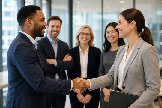 Diverse group of business professionals shaking hands in a modern office setting.