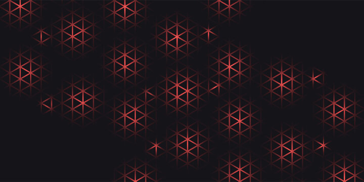 Hexagon game background with glowing red honeycomb grid on black surface. Abstract geometric pattern of connected cells for futuristic interface design. Digital technology bg with luminous edges.