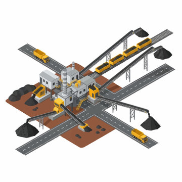 Industrial coal mining complex with conveyor belts and trucks.