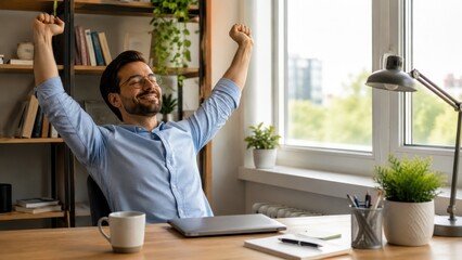 Obraz premium Man stretching at a sunlit home office desk, smiling during a productive work-from-home break