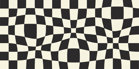Fototapeta premium Trippy abstract wavy checkerboard black and white pattern. Optical illusion retro background, vector illustration