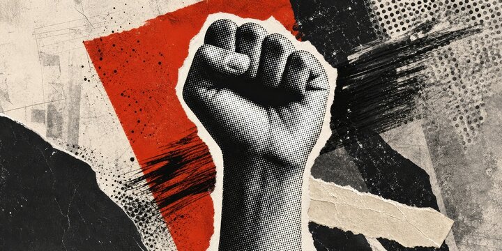 Raised fist in a powerful gesture of protest or solidarity against a background of abstract art