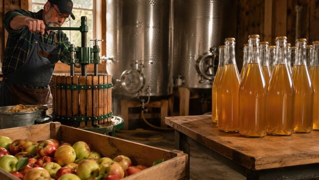 Artisan pressing apples into fresh amber cider in a rustic barn press