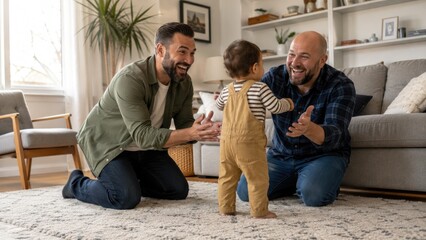 Fototapeta premium Two fathers encourage a toddler taking first steps in a cozy living room, sharing joyful family bonding and support