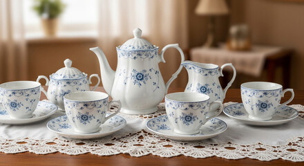 Fototapeta premium Elegant White Floral Teapot and Tea Set Arrangement on Lace Tablecloth in Soft Light