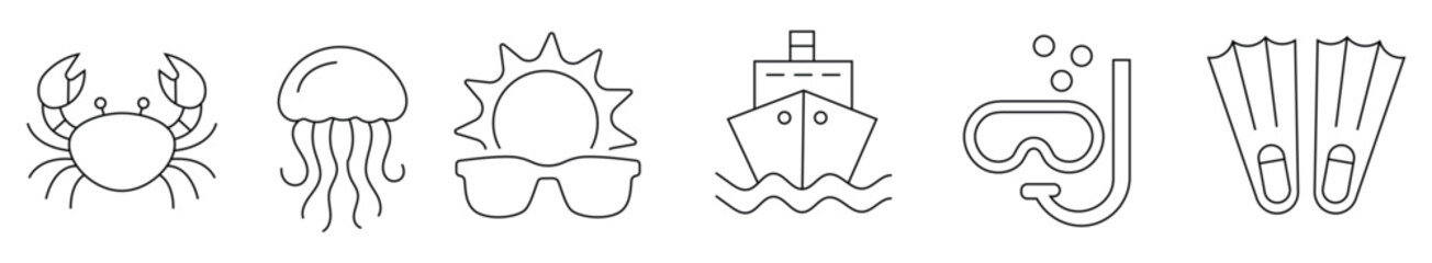 Summer beach line icon set featuring jellyfish, crab, sunglasses, cruise ship, snorkel mask, swim flippers, ocean vacation and marine life. editable stroke vector set. © icons Studio