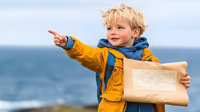 A Child Explorer Points to the Horizon with a Map