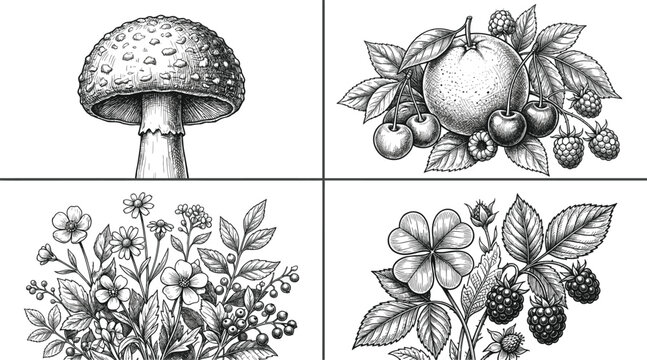 Vintage botanical vector illustration set featuring fly agaric mushroom orange cherries blackberries four leaf clover and wild meadow flowers isolated on white background