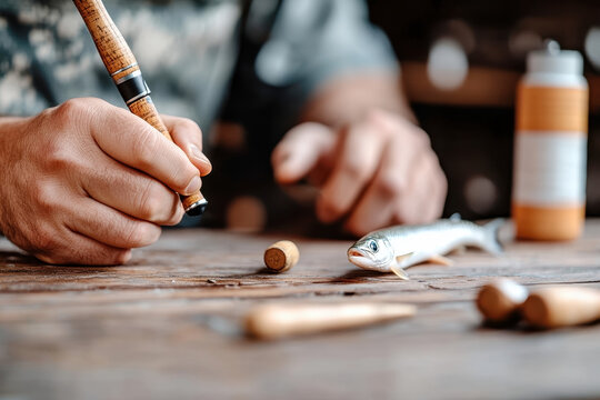 Craftsman hand carving a wooden fishing lure with a tool using a small baitfish as a reference on a rustic table