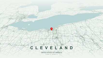 Modern minimalist vector map of Cleveland, Ohio, USA. High-quality scalable illustration of Cleveland city grid, Cuyahoga River flats and Lake Erie waterfront contours for posters design.  © AliRza