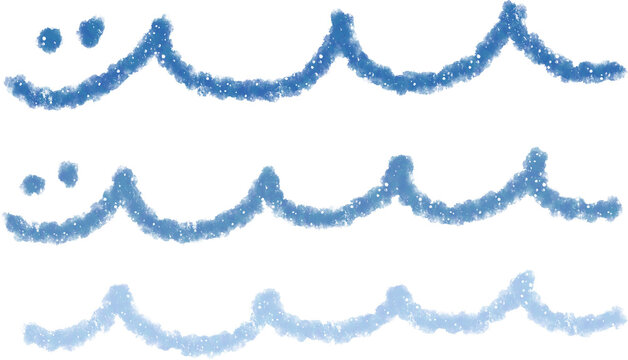 Cute blue sea waves icon set, hand drawn crayon style illustration