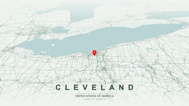 Modern minimalist vector map of Cleveland, Ohio, USA. High-quality scalable illustration of Cleveland city grid, Cuyahoga River flats and Lake Erie waterfront contours for posters design. 